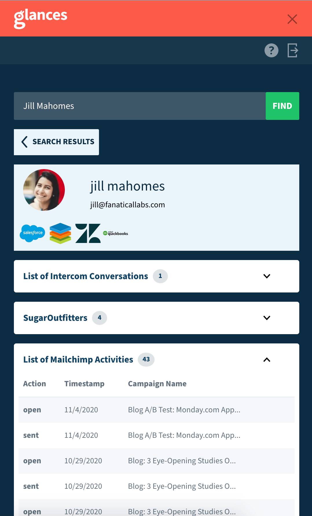Search results in a single customer view